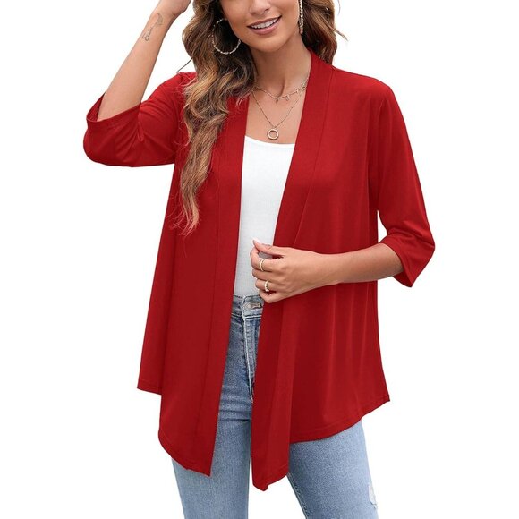 Lightweight Drape Cardigan – Open Front 3/4 Sleeve Red Small - Picture 5 of 5